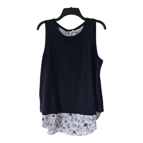 Loft Womens Sweater Top Sz L  Floral Blue Crew Neck Knit Split Back - Picture 1 of 10